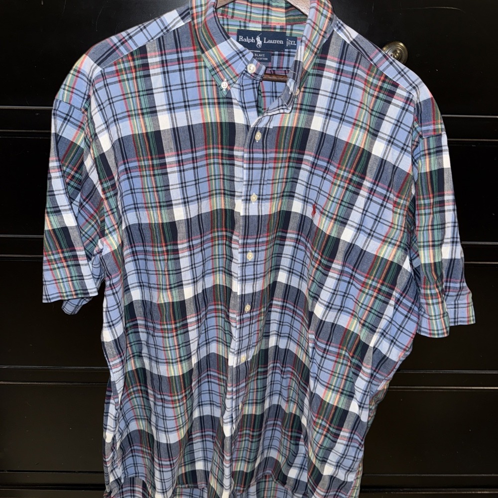 POLO RALPH LAUREN MENS BLAKE MADRAS BUTTON FRONT S/S 100% COTTON SHIRT XL